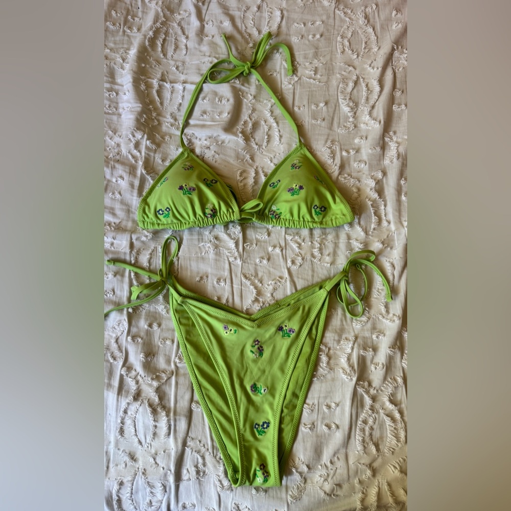Aerie Neon Green Floral Triangle S Bikini Top and bottom